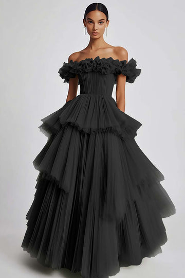Black Tulle Off The Shoulder Ball Gown Long Formal Dress with Ruffles